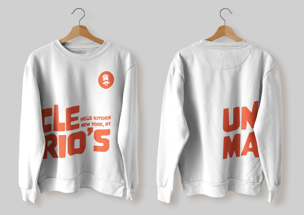 Two sweatshirts with Uncle Mario branding. Merch moch up showcasing the style of the brand.